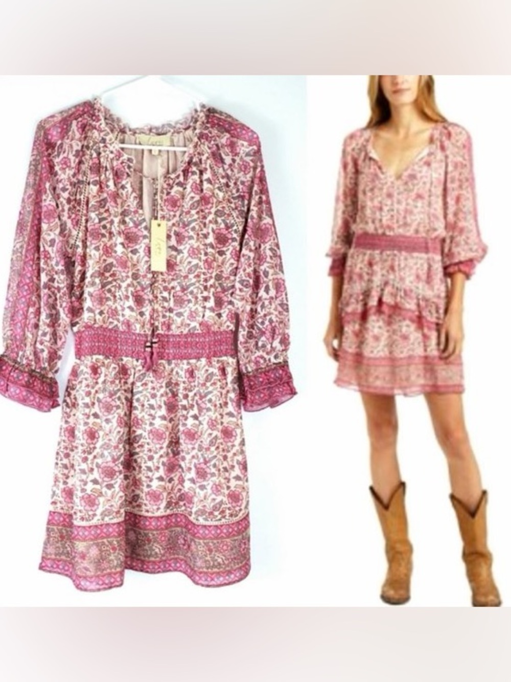 Love the Label Pink Floral Boho Mini Dress Women’s Size M Smocked Waist